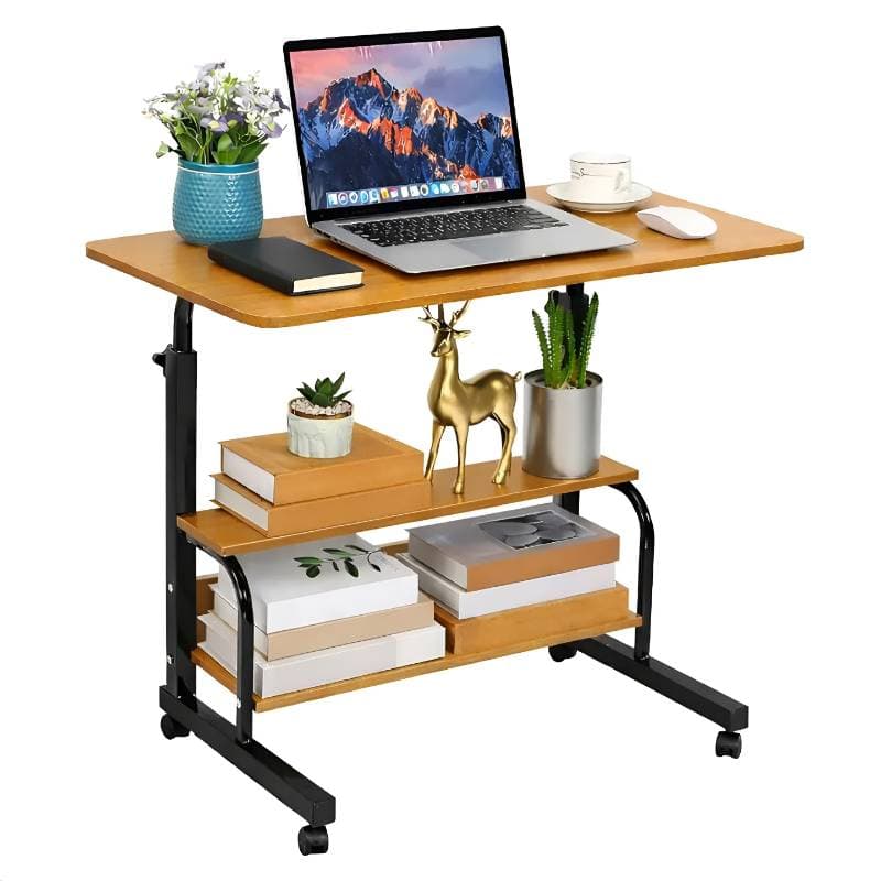 Double Layer Height Adjustable Table - Wood & Black stand thumbnail 2